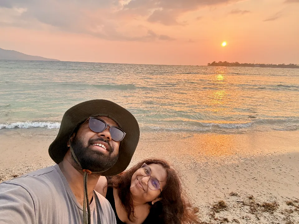 The two of us at sunset on the beach at The Sira, Lombok.