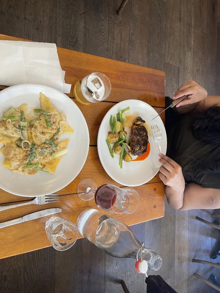 Pasta and a steak to share.